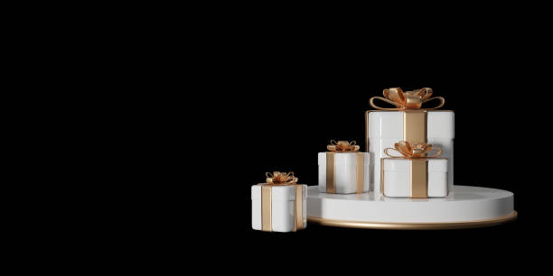 istock 3d rendering of gift boxes on podium on black background with place for product design 1358012055