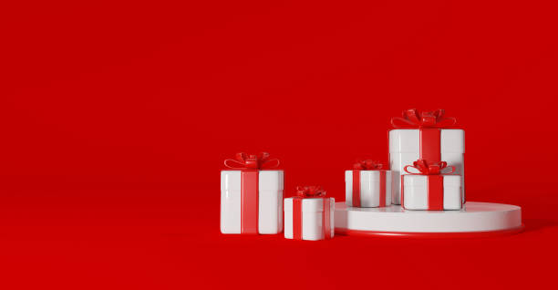 istock 3d rendering of gift boxes on podium on red background with place for product design 1358012056