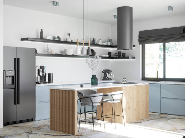 istock 3d rendering of modern wooden and blue kitchen interior design. 1358013876