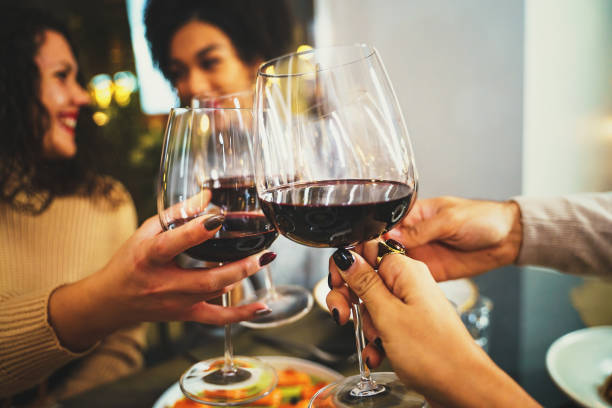 amigos felizes interrais clinking taças de vinho tinto no restaurante - grupo de jovens se divertindo brindando - namoradas assistindo uns aos outros olhos no fundo - wine red wine glass bar counter - fotografias e filmes do acervo