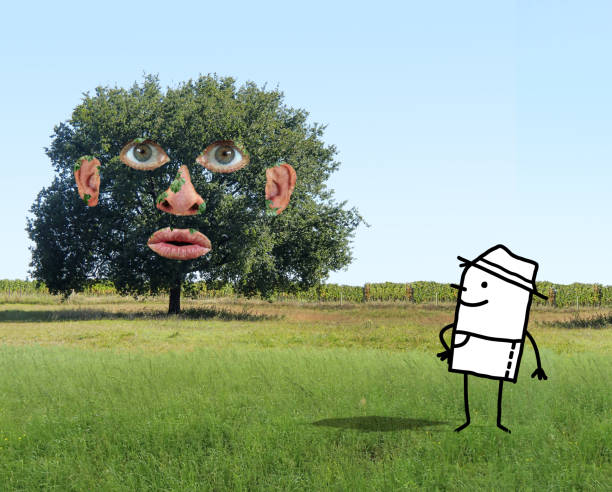 Cartoon Man watching a Funny Tree with human Face in a Green Field - Collage