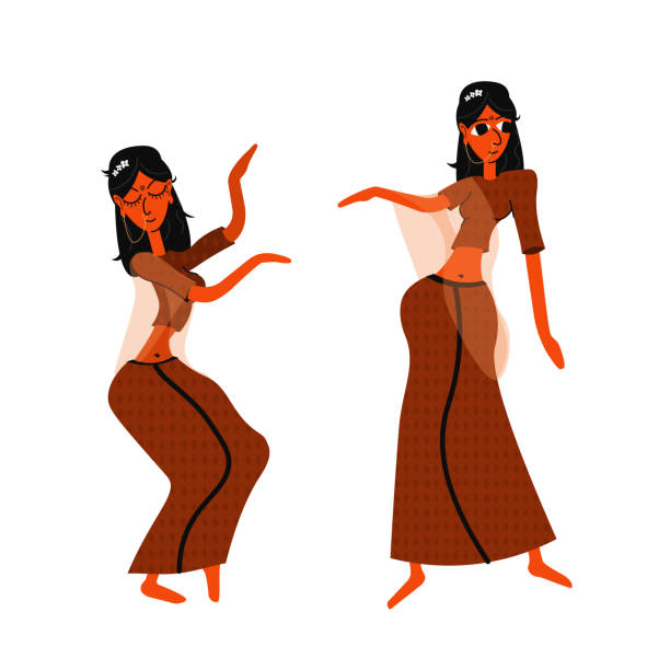 śliskie indyjskie dziewczyny w tradycyjnym indyjskim zestawie ubrań, kolekcja. postacie z kreskówek, piękne stroje narodowe indii - bharata natyam illustrations stock illustrations
