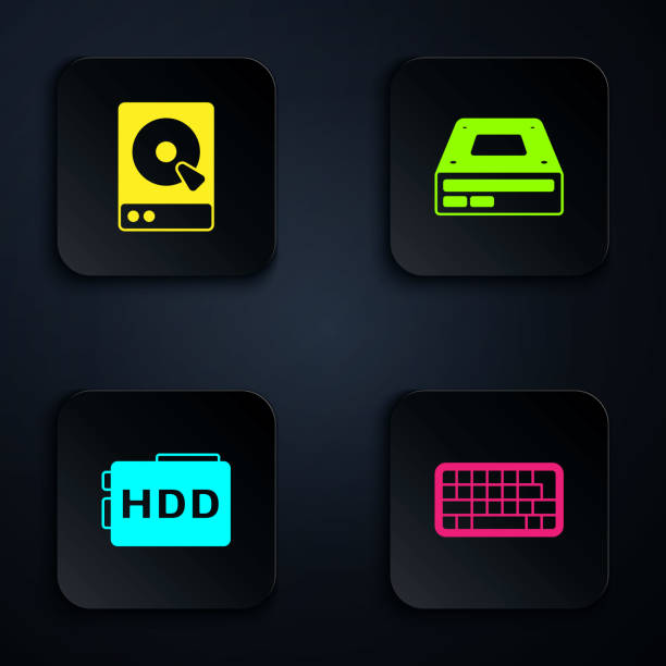 ilustrações, clipart, desenhos animados e ícones de definir teclado, disco rígido hdd e disco óptico. botão quadrado preto. vetor - dvd player computer icon symbol icon set