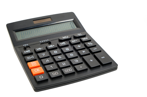 Black calculator on white background, isolate