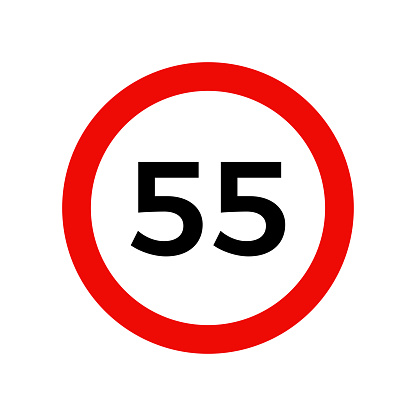 Speed limit 55 kmh sign of road traffic maximum speed vector icon. Flat design illustration of round red road limit sign with 55 isolated on white background