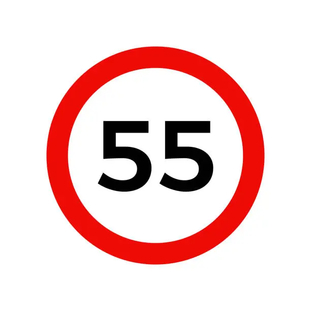 Vector illustration of Speed limit 55 kmh sign of road traffic maximum speed vector icon.