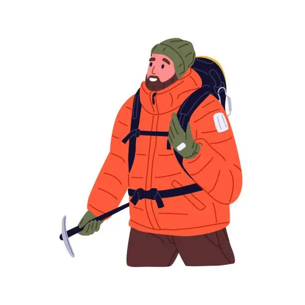 Vector illustration of Tourist hiker travel with backpack and ice ax. Rock climber walking. Backpacker trekking with equipment. Happy excited mountain traveler. Flat vector illustration isolated on white background