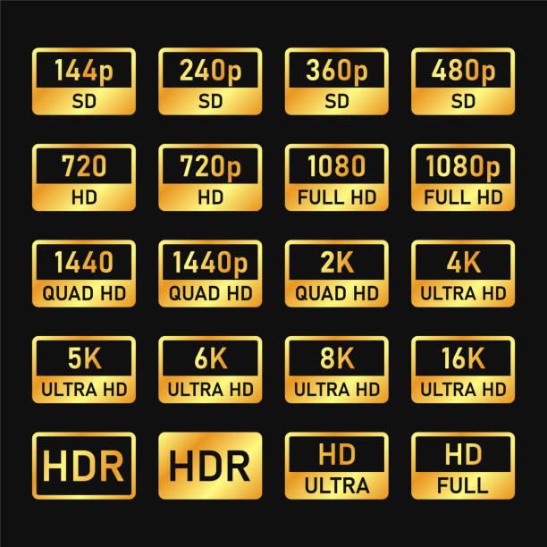 ilustraciones, imágenes clip art, dibujos animados e iconos de stock de iconos de resolución de tamaño de video y tv. etiquetas ultra hd. vector - vídeo de alta definición