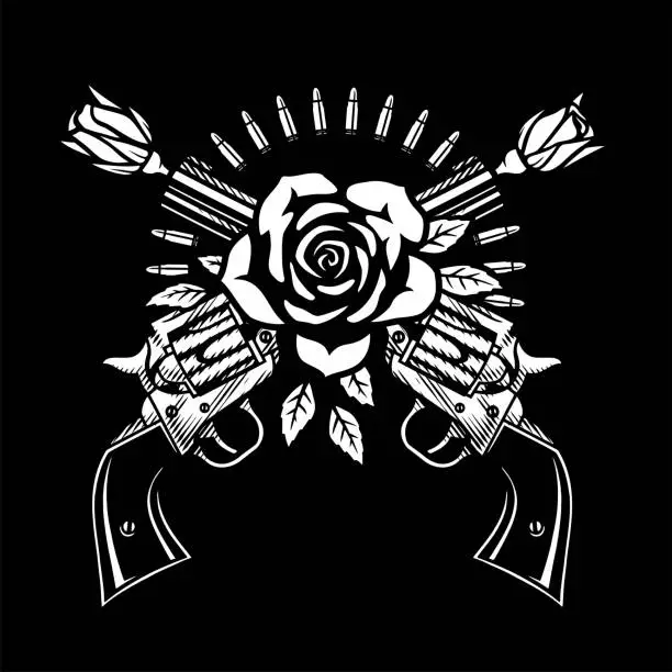 Vector illustration of Two crossed pistols and roses on a dark background.
