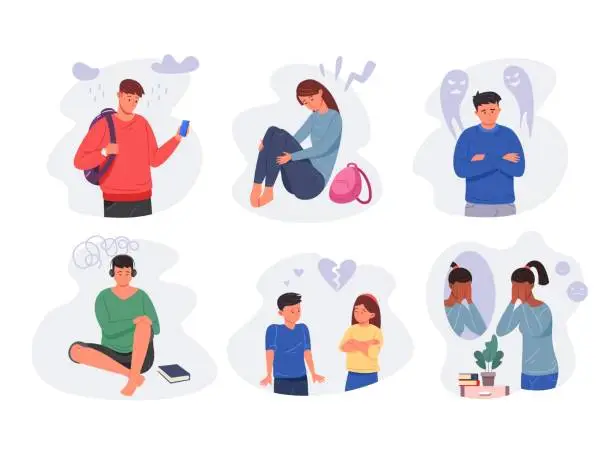 Vector illustration of Depressed students. Sad emotions child school stress, lonely boy, crying upset teen, hate abuse woman girl, angry friend, feel alone introvert, unhappy characters garish vector isolated