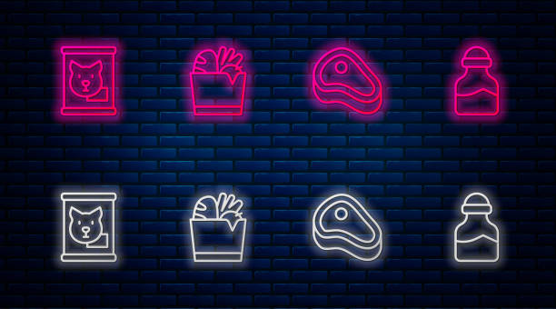 ustaw linię torba na zakupy i jedzenie, mięso steków, puszki i przyprawy. świecąca neonowa ikona na ceglanej ścianie. wektor - metallic wall brick glowing stock illustrations