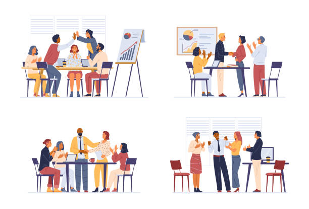 Business team congratulates colleague Business team congratulates colleague flat vector illustrations set. Diverse people celebrating successful project, career promotion, new contract. Men and women applauding, shaking hands, giving high five. office stock illustrations