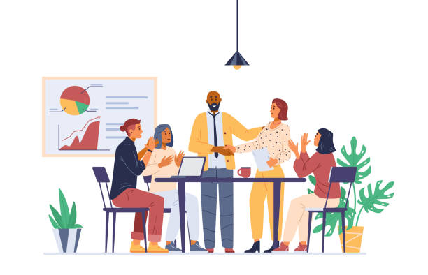 Business team welcoming new colleague Business team welcoming new colleague. Cheerful men and women applauding, shaking hands, congratulating. human resources illustrations stock illustrations
