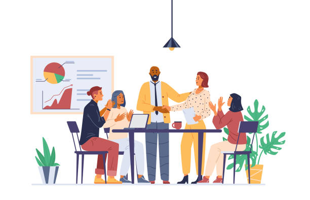 Business team welcoming new colleague Business team welcoming new colleague. Cheerful men and women applauding, shaking hands, congratulating. employee introduction stock illustrations