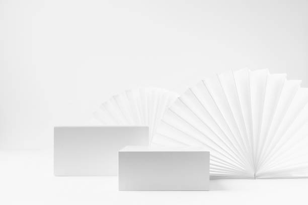 istock Template of abstract white stage with two rectangle podiums for showing, presentation cosmetic product, goods, advertising with soft light paper fans in elegant fashion modern style, front view. 1358023440