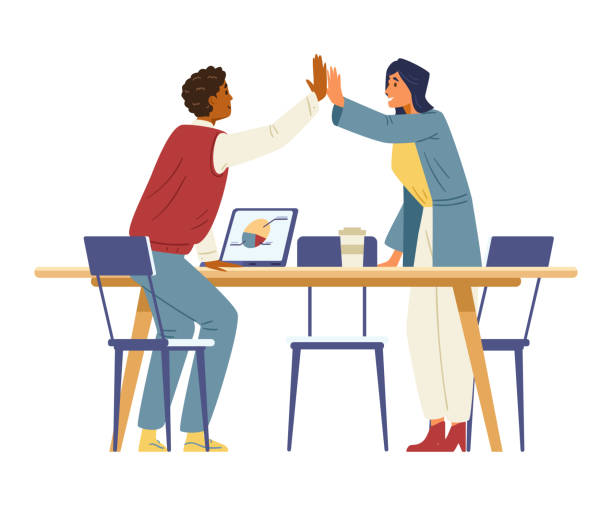 Business colleagues celebrates successful project Business colleagues celebrates successful project flat vector illustration. African american man and woman coworkers giving hight five. Isolated. agreement illustrations stock illustrations