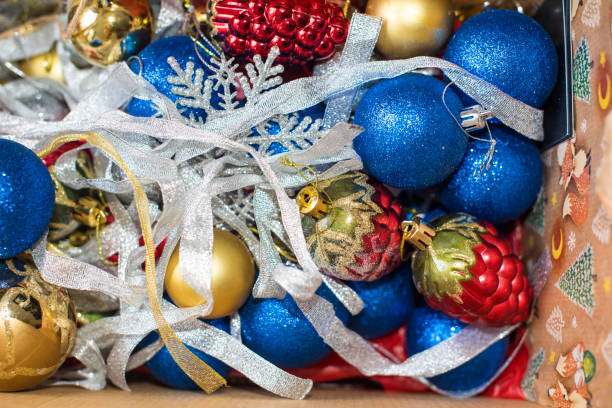 istock Christmas decorations in the box 1358023857