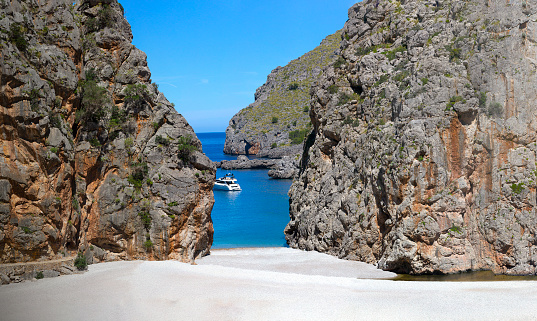 Sa Calobra - Torrent de Pareis beach. Famous remote beach on the west coast of Mallorca island. Spain.