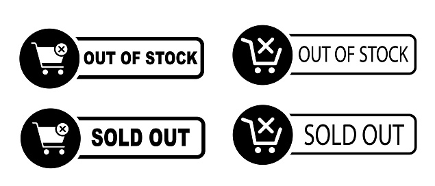 Out of stock, Sold out, black labels vector icons set. Isolated stamped business signs
