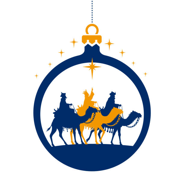 ilustrações de stock, clip art, desenhos animados e ícones de nativity scene. shining star and three wise men. christmas ball. - 3 wise men