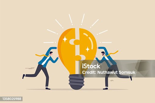 istock Teamwork or partnership for business success, innovation or creativity to solve problem, brainstorm or connect idea concept, businessman team members partner connect lightbulb jigsaw puzzle together. 1358025988