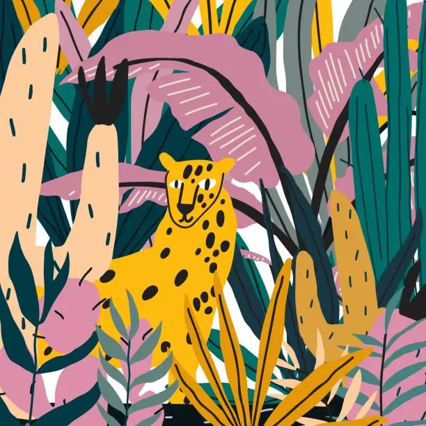 Vector illustration of Vector print Cheetah in jungle leaves and cactus