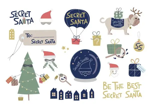 Vector illustration of Big Set of vector illustration Secret Santa. Elements for invite to event, corporate, party, gift tag, message. Lettering for card, banner, web