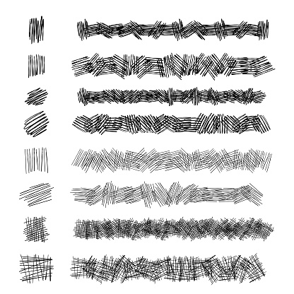 Vector illustration of a collection of cross hatching brushes. All the brushes are already in the Brushes panel so you can access them easily and start drawing with them. Strokes are editable so you can resize as you wish and you can apply any color you want to any of the brushes.