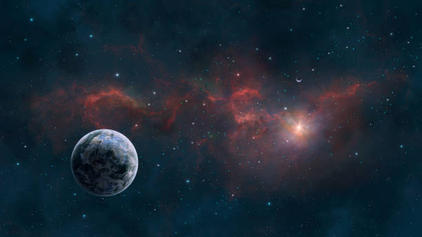 istock Space background. Colorful nebula in blue and red color with two planet 1358031929