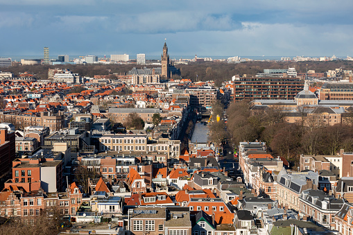 Zutphen, Netherlands – February 08, 2021: SNOW on the rooftops of the Walburgiskerk in Zutphen, The Netherlands, DURING A SNOWSTORM