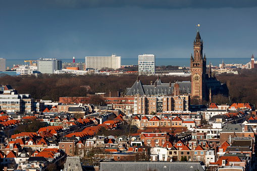The Hague, Netherlands - January 25, 2021; aerial view on the city centre of The Hague