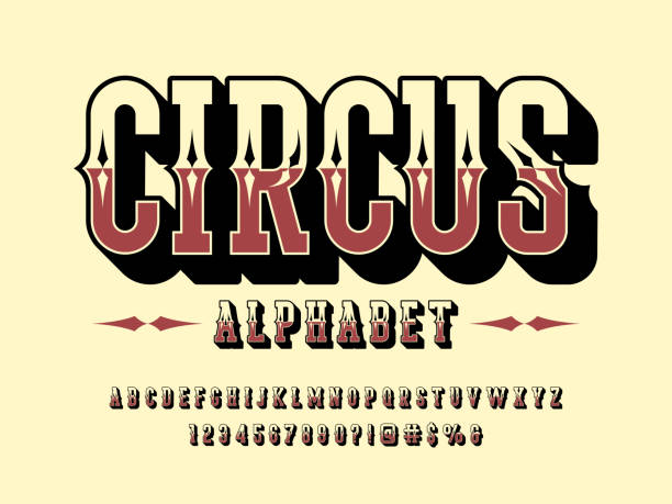 vintage font Stylish vintage styled alphabet design with uppercase, numbers and symbols circus stock illustrations