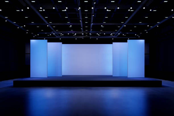 empty stage design for mockup and corporate identity,display.platform elements in hall.blank screen system for graphic resources.scene event led night light staging.3d background for online event,conference,live.3 render. - toneel stockfoto's en -beelden