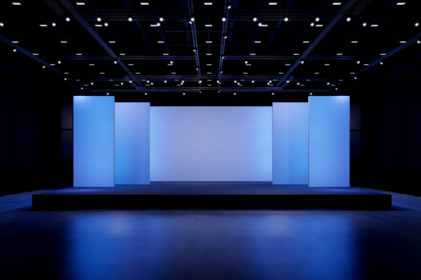 empty stage design for mockup and corporate identity,display.platform elements in hall.blank screen system for graphic resources.scene event led night light staging.3d background for online event,conference,live.3 render. - convention center imagens e fotografias de stock