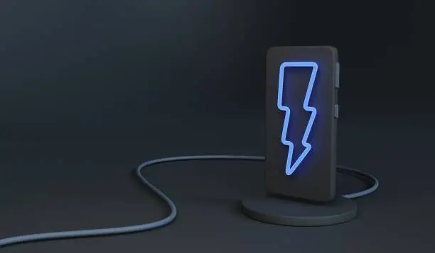 Photo of Black smartphone over charging pad with neon lightning symbol on the screen. 3d render fast charging phone illustration on black background.