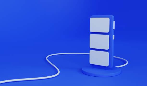 istock Blue phone over charging pad with social post frames. 3d render soft plastic smartphone illustration 1358035201
