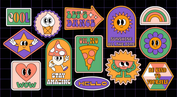 ilustrações, clipart, desenhos animados e ícones de divertido groovy retro clipart elementos definidos. estilo de desenho animado dos anos 70, 80, 90. patches, pinos, selos, modelos de adesivos. personagens cômicos engraçados e fofos. fundo estético abstrato, vintage, nostálgico - shape comic book label text