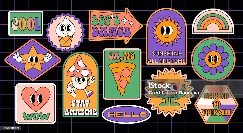 Fun Groovy Retro Clipart Elements Set 70s 80s 90s Cartoon Style Patches  Pins Stamps Stickers Templates Funny Cute Comic Characters Abstract Trendy  Vintage Nostalgic Aesthetic Background Stock Illustration - Download Image  Now -