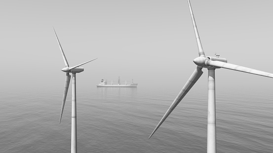 Computer generated 3D illustration with offshore wind turbines and cargo ship in black and white