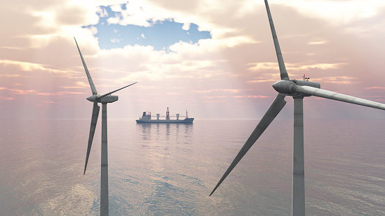 Computer generated 3D illustration with offshore wind turbines and cargo ship