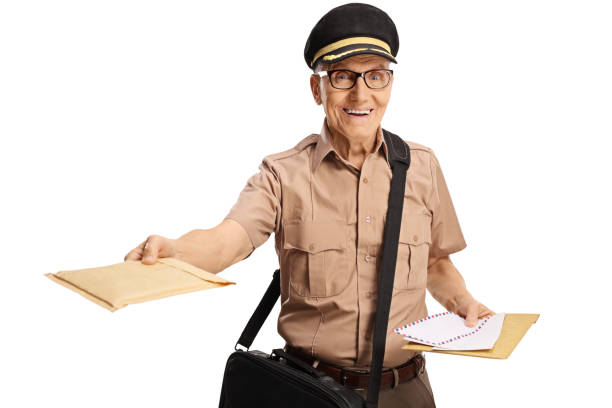 Mature mailman with a bag delivering a letter isolated on white background