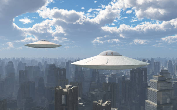 istock Flying saucers over a big city 1358041105