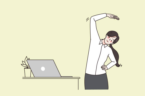 illustrations, cliparts, dessins animés et icônes de une femme d’affaires s’entraîne à la gymnastique au bureau du lieu de travail - service computer training office