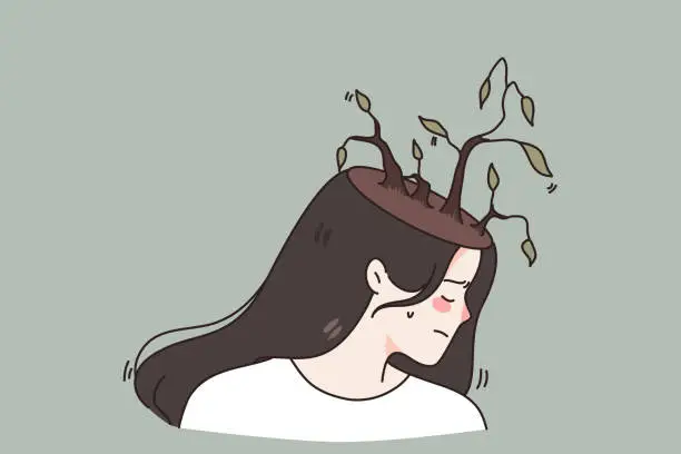 Vector illustration of Upset woman suffer from mental psychological problems