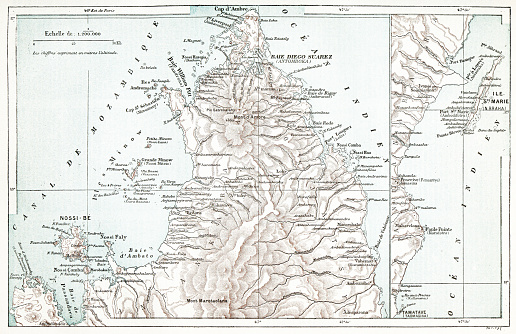 Antique French map of Nosy Be, Diego Suarez and Île Sainte-Marie (Madagascar)
