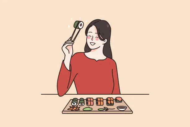 Vector illustration of Smiling woman eating sushi in Japanese restaurant