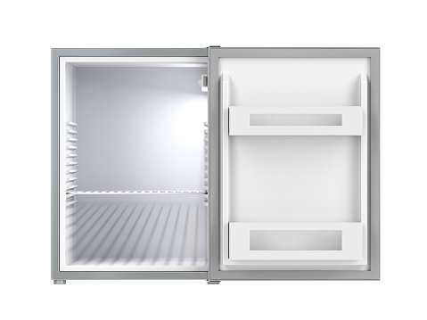 Open small refrigerator isolated on white background