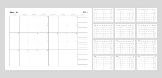 Calendar planner template for 2024 year Calendar planner template for 2024 year. Week starts on Sunday with notes. 2024 stock illustrations
