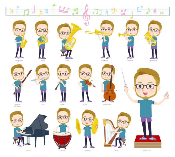 Vector illustration of A set of American blond hair man in sportswear on classical music performance