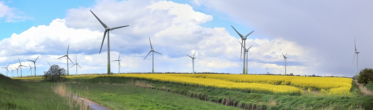 Panoramic view on alternative energy wind mills in a windmill park